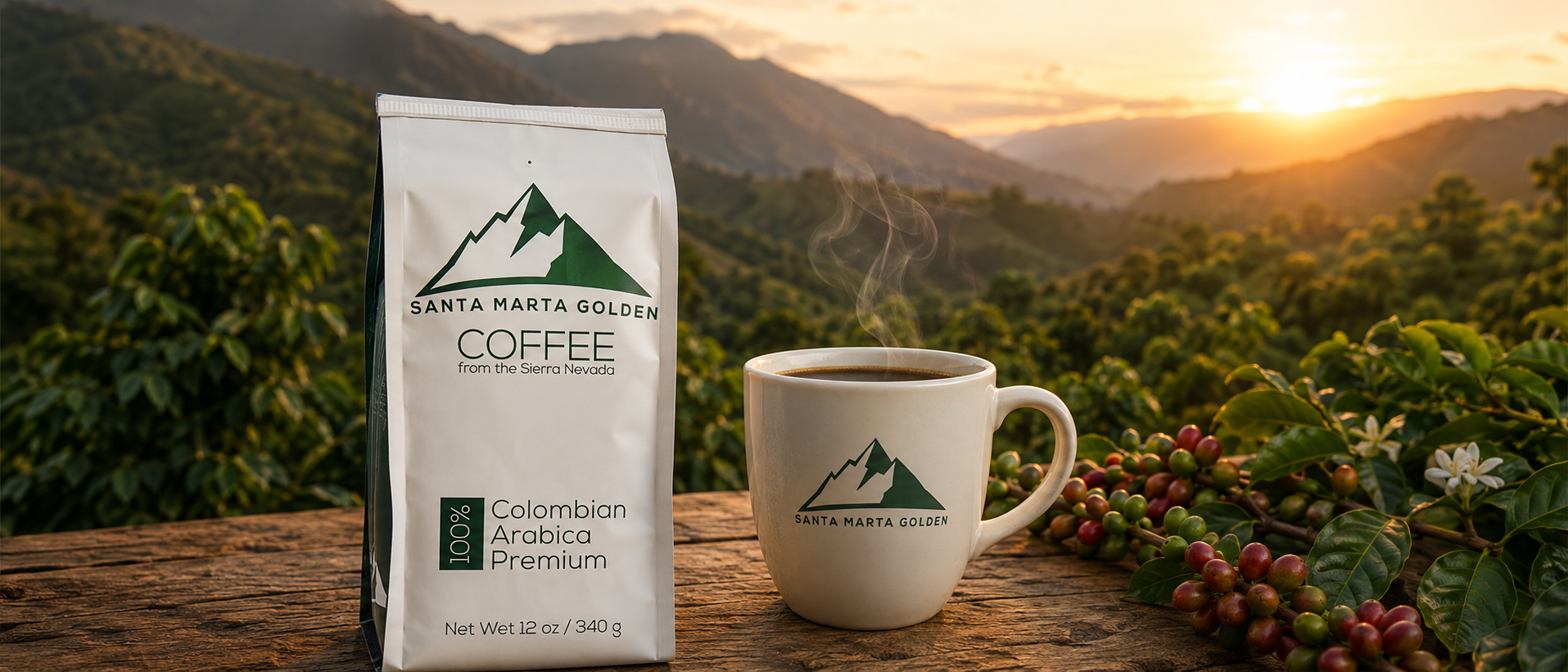 Café Santa Marta Golden: bolsa de 340 g y taza servida frente a los cafetales de la Sierra Nevada al amanecer